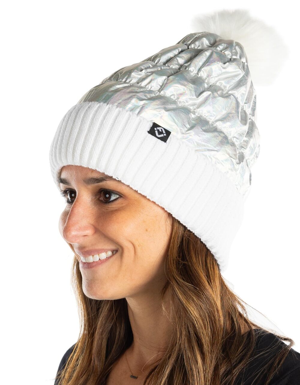 2908 Puffer Pom Hat Shiny Metallic Puffer Beanie with Faux Fur Pom Fleece